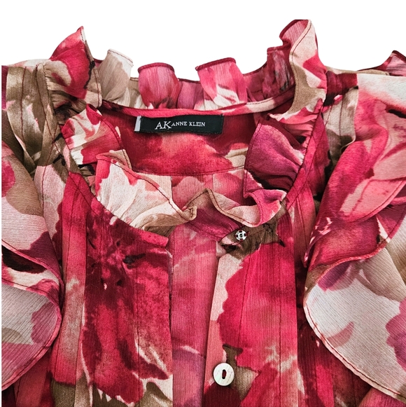 🌷AK Anne Klein Pink & Cream Ruffled Floral Blouse🌷 - Picture 3 of 6